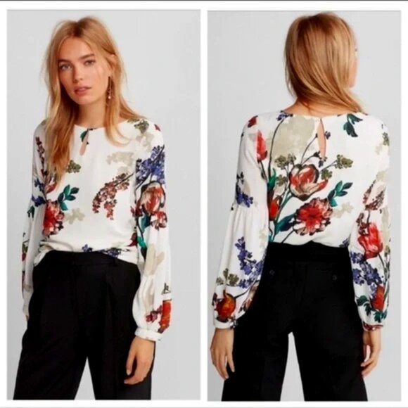 Express Tops - Express Keyhole floral size S bubble sleeves long Ivory EUC